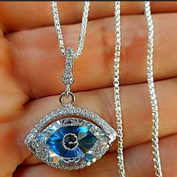 925 Sterling Silver Blue Evil Eye Crystal CZ Drop Pendant Necklace - Picture 1 of 5